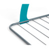 Close-up of blue and grey clothes airer, showing locking hinge detail