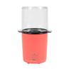 Red electric popcorn maker with clear lid, shown from the front
