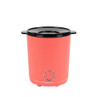 Red electric rice cooker with black lid, shown from the front
