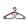 Pack of 10 black plastic clothes hangers with rotating hook, shown in packaging.
