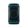 Black wireless party speaker with circular LED lights, front-facing view