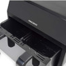 Black dual basket air fryer with open drawers, front view