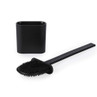 Black silicone toilet brush with matching holder, shown on white background.