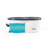 White and blue Beldray mop bucket with built-in wringer, side pedal and water level graphic