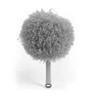 Grey fluffy duster with plastic handle, shown upright on white background