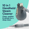 10 in 1 handheld steam cleaner with attachments for deep cleaning, shown on tiled floor