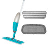 Blue spray mop with two grey cleaning pads shown, for hard floors.