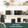 Kitchen countertop with black and wood appliances from the Toronto collection.