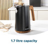 Black 1.7 litre kettle with wood-effect handle and base