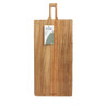 Rectangular wooden serving board with handle, natural finish, seen from above.