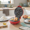 Red mini doughnut maker with three ring doughnuts