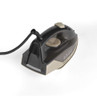 Gold and black steam iron, angled top view, showing dial and handle