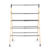 Folding bamboo clothes airer with five black rails, shown open.
