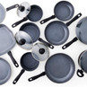 Set of non-stick grey cookware with glass lids and black handles, assorted shapes and sizes