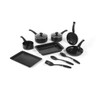 11 piece non-stick black cookware set with saucepans, frying pans, utensils and baking trays