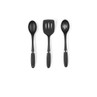 Three-piece black kitchen utensil set with spoon, slotted spatula and slotted spoon.