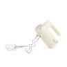 Cream handheld electric mixer with beater and dough hook attachments, angled side view.