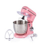 Pink stand mixer with stainless steel bowl, whisk, paddle and dough hook attachments.