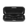 Black wireless earbuds in open charging case, shown from front