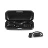 Black wireless earbuds with earhook, charging case open, one earbud outside case