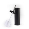 Toilet brush with white bristles and black holder, shown on plain background
