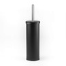 Black toilet brush with stainless steel handle in cylinder holder, shown upright.