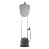 Grey upright garment steamer with fabric board, shown front view.