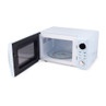 White microwave oven with open door, showing interior and control panel