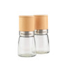 Pair of Russell Hobbs glass salt and pepper mills with light wood lids and brushed metal bands
