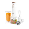 White hand blender set with chopping bowl, whisk and jug, food shown in each accessory
