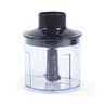 Clear plastic food processor bowl with black lid and measurement markings