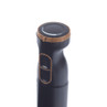 Black handheld blender with wood-effect trim and control buttons, shown from top angle