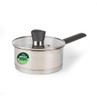 Stainless steel saucepan with glass lid and black handle, PFAS free badge visible
