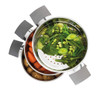 Stacked stainless steel steamers showing cooked potatoes, carrots, and green vegetables