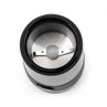 Stainless steel grinder bowl with blade, shown from above.
