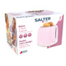 Pink retro 2-slice toaster box showing product image and key features.