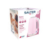 Boxed Salter retro pink kettle, 1.7L capacity, shown for UK kitchen style.