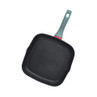 Square black grill pan with blue handle, shown from above