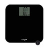 Black digital bathroom scale with large display, Salter logo, and battery shown.