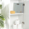 Glass bathroom scale with silver accents stored in white cabinet, sponge and toilet rolls nearby
