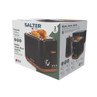Matte black 2-slice toaster box with wood effect accents, shown with toasted bread