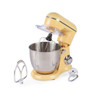 Yellow stand mixer with stainless steel bowl and attachments