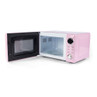 Pink microwave oven with door open, showing interior and control panel