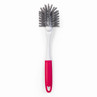 Dish brush with angled grey bristles and pink handle, shown on white background