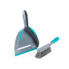 Grey dustpan and brush set with teal handles, shown on white background