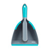 Grey and turquoise dustpan and brush set, brush fitting neatly into pan, for sweeping.