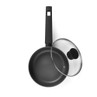 Grey non-stick frying pan with glass lid, shown from above.