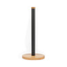 Black and wood kitchen towel holder, upright design on plain background