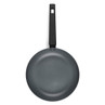 Non-stick black frying pan, top view, with long handle