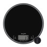 Black round digital kitchen scale with display, shown with CR2032 battery